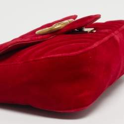 Pre Owned Gucci Red Matelassé Velvet Mini GG Marmont Shoulder Bag