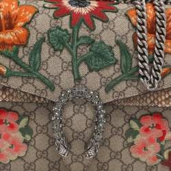 Pre Owned Gucci Beige GG Supreme Canvas Medium Embroidered Dionysus Shoulder Bag