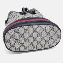 Pre Owned Gucci Beige Navy Blue Coated Canvas Ophidia Small Bucket Bag