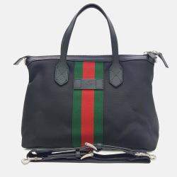 Pre Owned Gucci Black Leather Techno Web Canvas Tote and Shoulder Bag