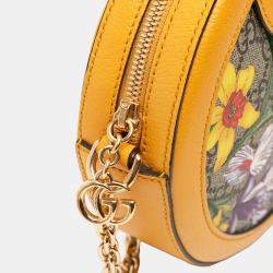 Pre Owned Gucci Brown/Orange Mini GG Supreme Flora Ophidia Round Crossbody