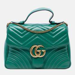 Pre Owned Gucci Green Small GG Marmont Matelasse Leather Top Handle Bag