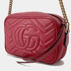 Pre Owned Gucci Gg Marmont Mini Shoulder Bag Red/Beige Leather Size Mini