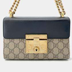 Pre Owned Gucci GG Supreme Padlock Chain shoulder Bag Beige/Black Gg Supreme Leather Size Small
