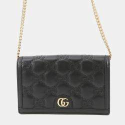 Pre Owned Gucci Gg Matelasse Chain Wallet Black Leather