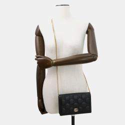 Pre Owned Gucci Gg Matelasse Chain Wallet Black Leather