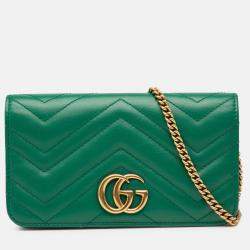Pre Owned Gucci Green Mini GG Marmont Matelasse Leather Wallet On Chain