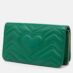 Pre Owned Gucci Green Mini GG Marmont Matelasse Leather Wallet On Chain