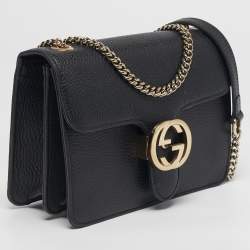Pre Owned Gucci Black Leather Dollar Interlocking G Shoulder Bag