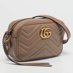 Pre Owned Gucci Beige Matelassé Leather Mini GG Marmont Camera Bag