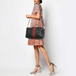 Pre Owned Gucci Web Medium Black Leather Boston Bag