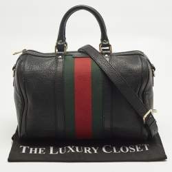 Pre Owned Gucci Web Medium Black Leather Boston Bag