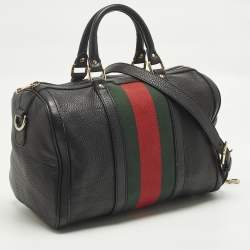 Pre Owned Gucci Web Medium Black Leather Boston Bag