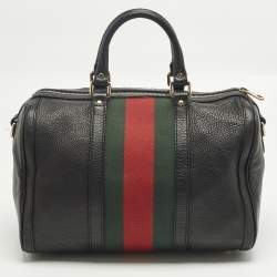 Pre Owned Gucci Web Medium Black Leather Boston Bag