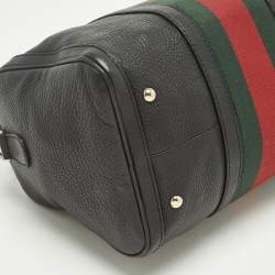 Pre Owned Gucci Web Medium Black Leather Boston Bag