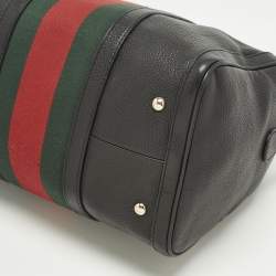 Pre Owned Gucci Web Medium Black Leather Boston Bag