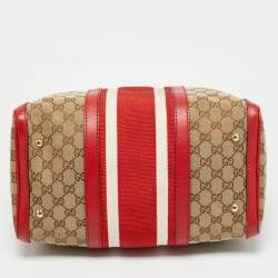Pre Owned Gucci Joy Medium Red GG Canvas and Leather Boston Bag