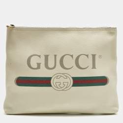 Pre Owned Gucci Logo Print Off White Leather Zip Pouch