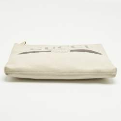 Pre Owned Gucci Logo Print Off White Leather Zip Pouch