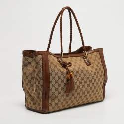 Pre Owned Gucci Bella Brown/Beige GG Canvas and Leather Tote