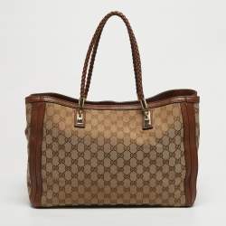 Pre Owned Gucci Bella Brown/Beige GG Canvas and Leather Tote