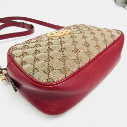 مملوكة مسبقًا Gucci Beige/Red Leather GG Canvas Marmont Small Camera Shoulder Bag