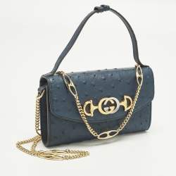 مملوكة مسبقًا Gucci Zumi Navy Blue Ostrich Leather Chain Clutch