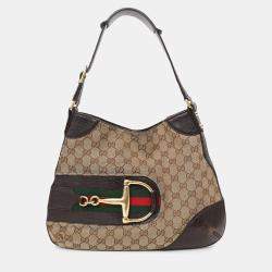 مملوكة مسبقًا Gucci brown 'GG' Web Horsebit Hobo Bag