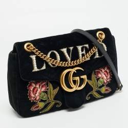 مملوكة مسبقًا Gucci GG Marmont Loved Embellished Large Black Matelassé Velvet Shoulder Bag
