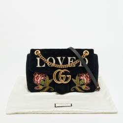 مملوكة مسبقًا Gucci GG Marmont Loved Embellished Large Black Matelassé Velvet Shoulder Bag