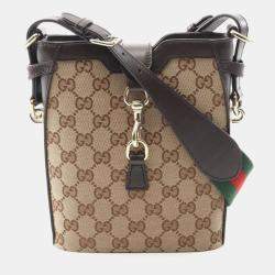 مملوكة مسبقًا Gucci Gg Shadow Mini Bucket Shoulder Bag Canvas And Leather Beige Brown