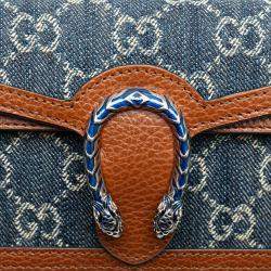 مملوكة مسبقًا Gucci Gg Denim Dionysus Super Mini Bag Crossbody Chain Indigo Blue Brown Leather