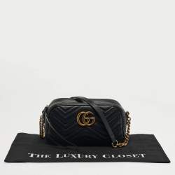 Pre Owned Gucci GG Marmont Small Black Matelassé Leather Crossbody Bag