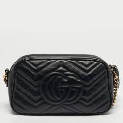 Pre Owned Gucci GG Marmont Small Black Matelassé Leather Crossbody Bag