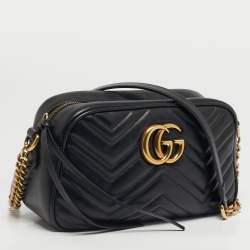 Pre Owned Gucci GG Marmont Small Black Matelassé Leather Crossbody Bag
