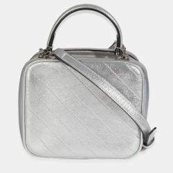 Pre Owned Gucci Silver Metallic Sakai Be Green Calfskin Diagonal Stitched Blondie Top Hand
