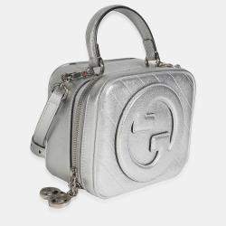 Pre Owned Gucci Silver Metallic Sakai Be Green Calfskin Diagonal Stitched Blondie Top Hand