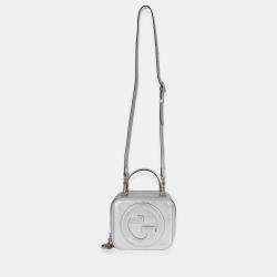 Pre Owned Gucci Silver Metallic Sakai Be Green Calfskin Diagonal Stitched Blondie Top Hand