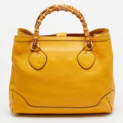 Pre Owned Gucci Bamboo Handle Mustard Leather Tote
