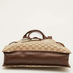 مملوكة مسبقًا حقيبة يد غوتشي كانفاس GG جلد بيج/بني بحبل غلق