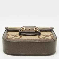 مملوكة مسبقًا حقيبة كتف غوتشي ميني هورسبيت 1955 جلد وكانفاس GG جمبو بني/ بيج