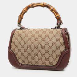 Pre Owned حقيبة غوتشي بامبو جلد كانفاس بني متوسطة بيد علوية