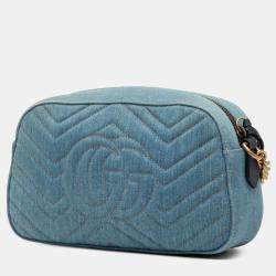 Pre Owned Gucci Blue Small GG Marmont Matelasse Denim Pearly Crossbody