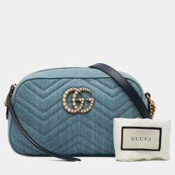 Pre Owned Gucci Blue Small GG Marmont Matelasse Denim Pearly Crossbody