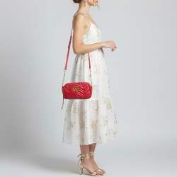 Pre Owned Gucci GG Marmont Small Red Matelassé Leather Camera Bag