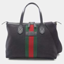 Pre Owned Gucci Sherry Line Black Multicolor Leather Nylon Canvas Tote Bag