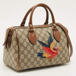 Pre Owned Gucci Limited Edition Bird Embroidered Beige/Brown GG Supreme Canvas Boston Bag