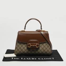 مملوكة مسبقًا Gucci Horsebit 1955 Brown/Beige GG Supreme Canvas and Leather Top Handle Bag