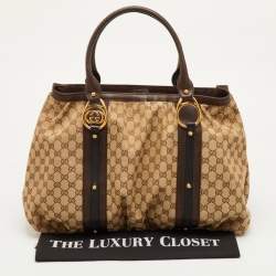 مملوكة مسبقًا حقيبة يد غوتشي كبيرة قماش جي جي بني / بيج وجلد بشعار جي متداخل