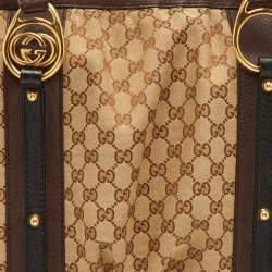 مملوكة مسبقًا حقيبة يد غوتشي كبيرة قماش جي جي بني / بيج وجلد بشعار جي متداخل